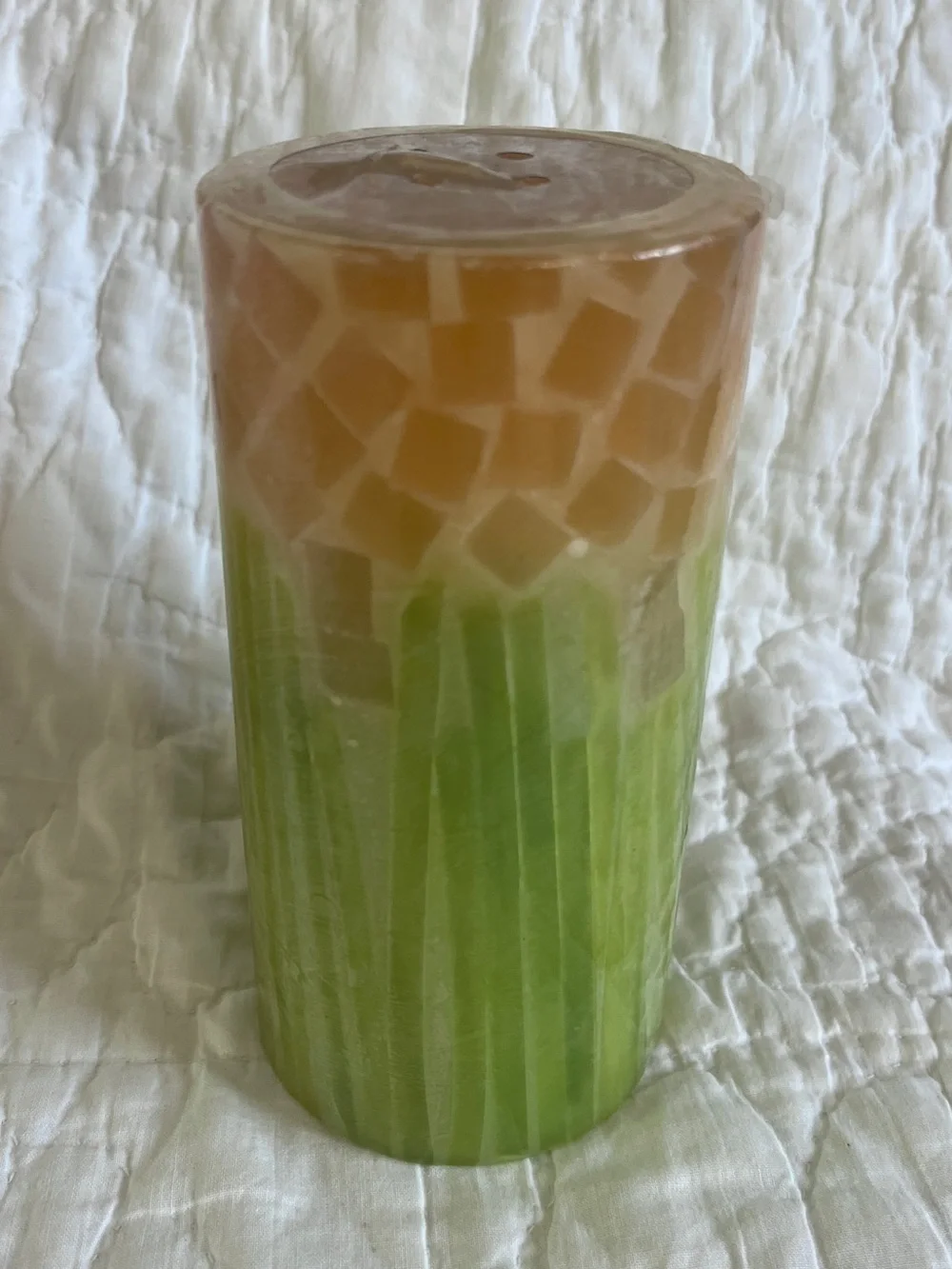 NEW Pier 1 Pink Honeysuckle Pillar Candle 3 x 6 Textured Layered Green Peach